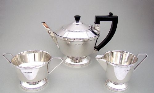 Art Deco Solid Silver Three Piece Tea Service by A. Davenport, Birmingham 1932