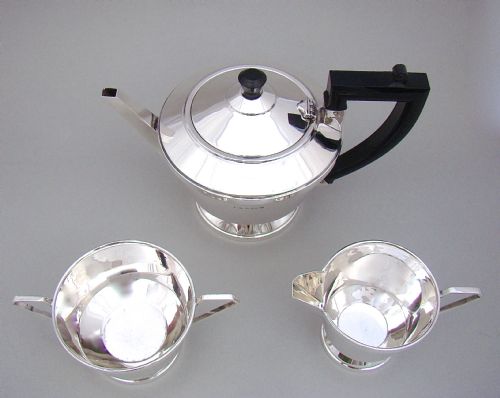 fig 1. ART DECO SOLID SILVER THREE PIECE TEA SERVICE BY A. DAVENPORT, BIRMINGHAM 1932