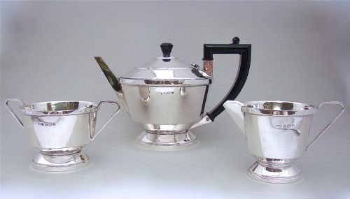 fig 2. ART DECO SOLID SILVER THREE PIECE TEA SERVICE BY A. DAVENPORT, BIRMINGHAM 1932