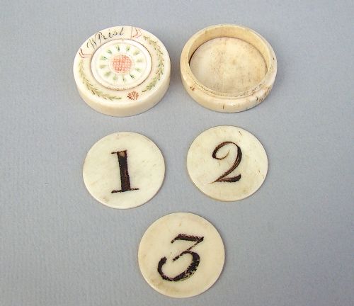 fig 2. GEORGIAN BONE WHIST BOX COMPLETE WITH COUNTERS, CIRCA 1790