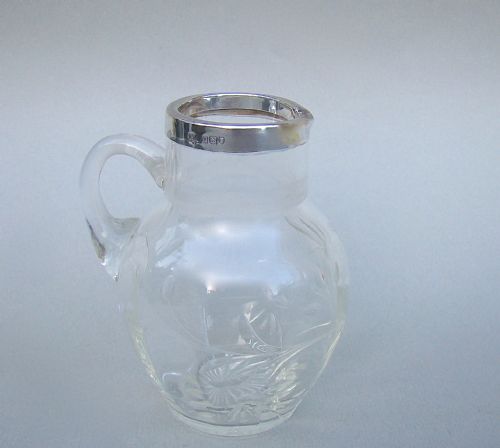 Edwardian Silver Mounted Engraved Glass Cream Jug by Robert Pringle, London 1906
