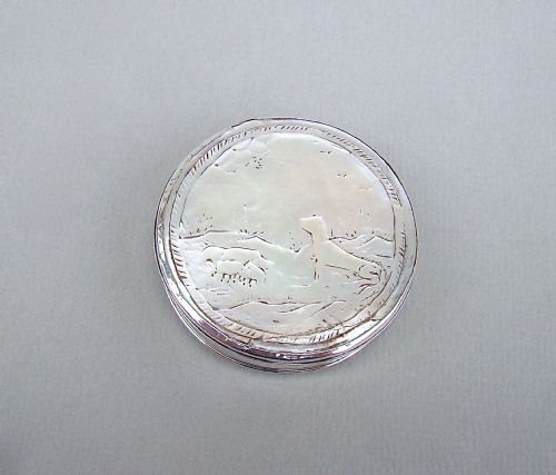 Rare Georgian Silver & Carved Mother of Pearl Pictorial Snuff Box, Circa 1750