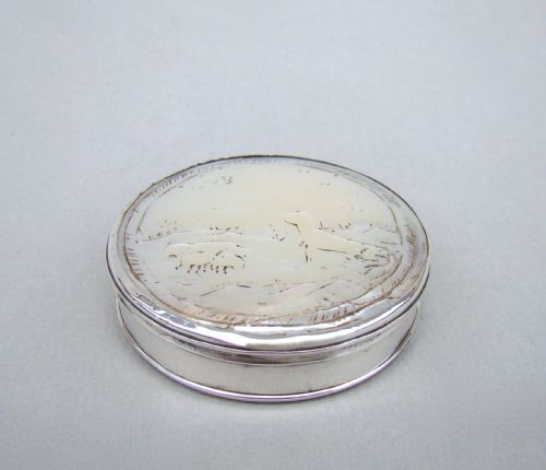 fig 1. RARE GEORGIAN SILVER & CARVED MOTHER OF PEARL PICTORIAL SNUFF BOX, CIRCA 1750