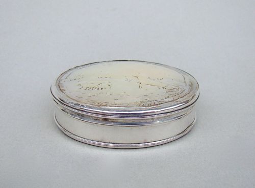 fig 2. RARE GEORGIAN SILVER & CARVED MOTHER OF PEARL PICTORIAL SNUFF BOX, CIRCA 1750