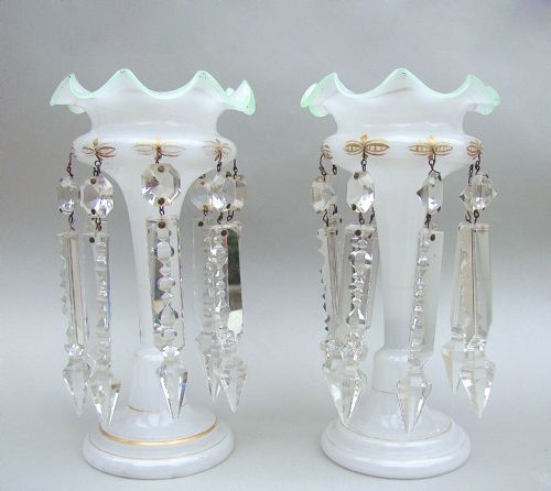 Charming Pair of Victorian Small Opaline Glass Lustres, Circa 1890