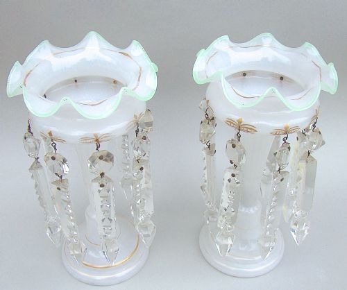 fig 1. CHARMING PAIR OF VICTORIAN SMALL OPALINE GLASS LUSTRES, CIRCA 1890