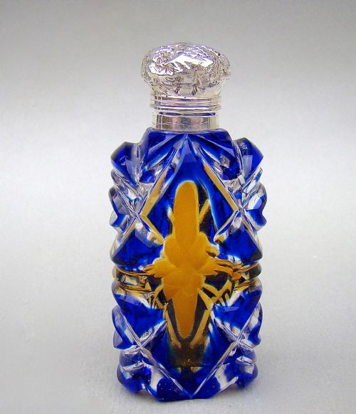 fig 1. RARE VICTORIAN SILVER BLUE & AMBER BOHEMIAN GLASS SCENT BOTTLE , CIRCA 1890