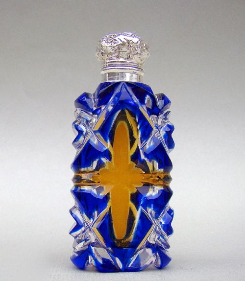 Rare Victorian Silver  Blue & Amber Bohemian Glass Scent Bottle , Circa 1890