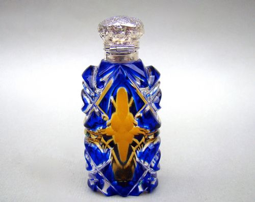 fig 3. RARE VICTORIAN SILVER BLUE & AMBER BOHEMIAN GLASS SCENT BOTTLE , CIRCA 1890