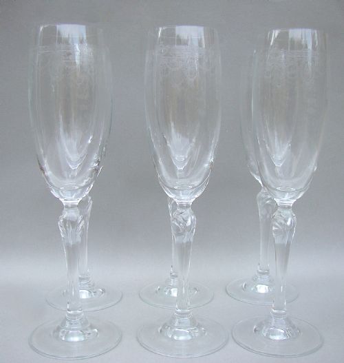 Set of Six Edwardian Engraved Glass Champagne Flutes, Circa 1910