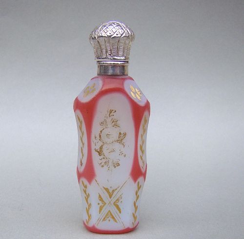 fig 1. EXQUISITE 19TH C. FRENCH SILVER & OVERLAY GLASS SCENT BOTTLE, CIRCA 1870