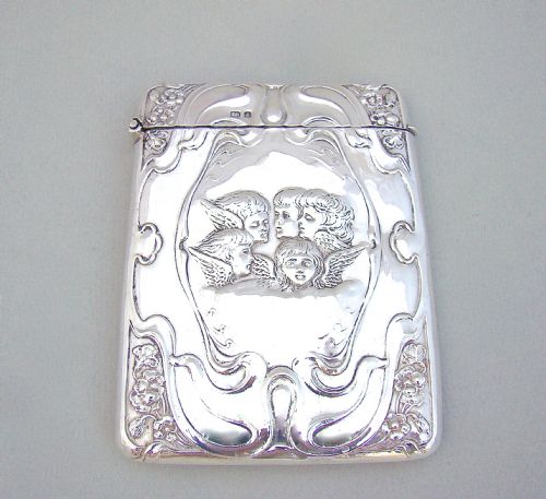 Art Nouveau 'Reynolds Angels' Silver Card Case by Henry Matthews, Birmingham 1903
