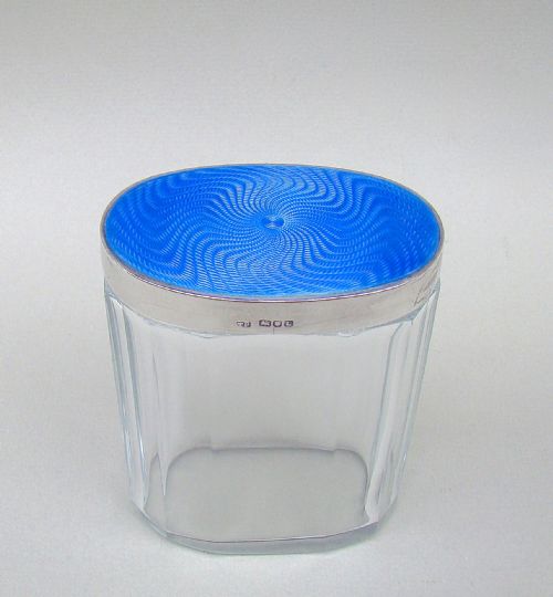 Art Deco Silver and Guilloche Enamel Dressing Table Jar by Thomas Perry, London 1946
