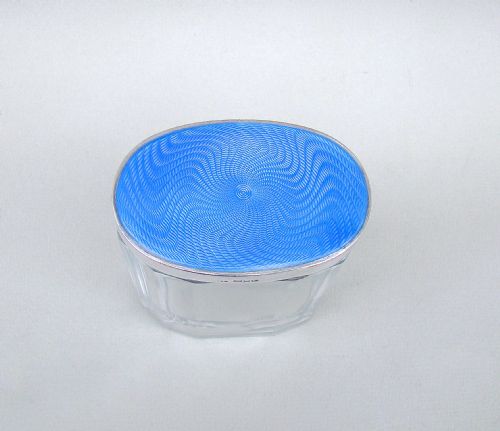 fig 1. ART DECO SILVER AND GUILLOCHE ENAMEL DRESSING TABLE JAR BY THOMAS PERRY, LONDON 1946