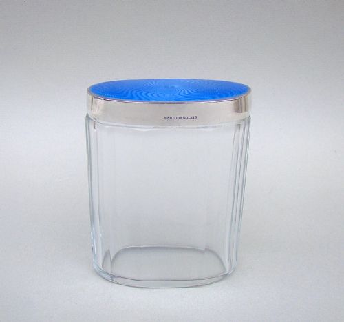 fig 2. ART DECO SILVER AND GUILLOCHE ENAMEL DRESSING TABLE JAR BY THOMAS PERRY, LONDON 1946