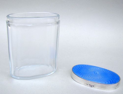 fig 3. ART DECO SILVER AND GUILLOCHE ENAMEL DRESSING TABLE JAR BY THOMAS PERRY, LONDON 1946