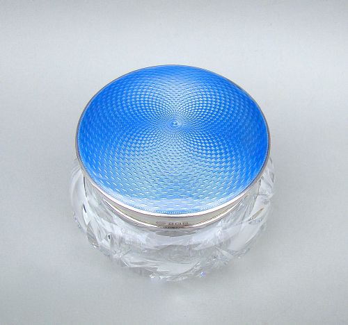 Large Art Deco Silver & Guilloche Enamel Dressing Table Jar by the Adie Brothers, Birmingham 1927