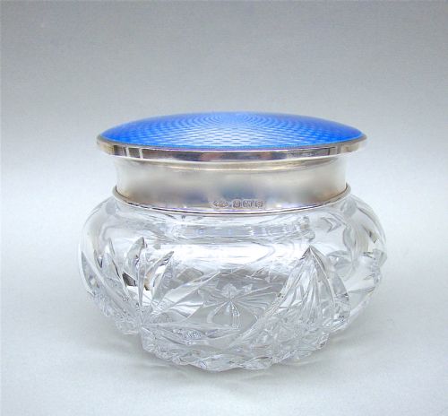 fig 1. LARGE ART DECO SILVER & GUILLOCHE ENAMEL DRESSING TABLE JAR BY THE ADIE BROTHERS, BIRMINGHAM 1927
