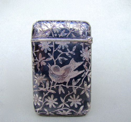 fig 1. FABULOUS AESTHETIC MOVEMENT FRENCH SILVER NIELLO VESTA CASE BY JOSEPH ETTLINGER, IMPORT MARKS FOR LONDON 1882