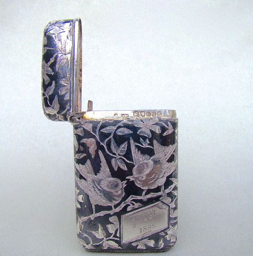 fig 2. FABULOUS AESTHETIC MOVEMENT FRENCH SILVER NIELLO VESTA CASE BY JOSEPH ETTLINGER, IMPORT MARKS FOR LONDON 1882