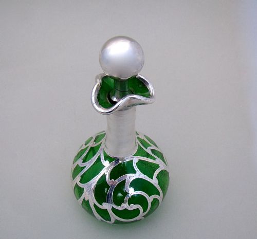 Art Nouveau Overlay Sterling Silver & Green Glass Scent Bottle, Circa 1900
