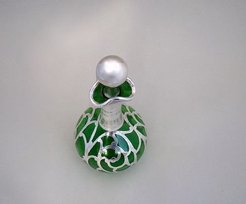 fig 2. ART NOUVEAU OVERLAY STERLING SILVER & GREEN GLASS SCENT BOTTLE, CIRCA 1900
