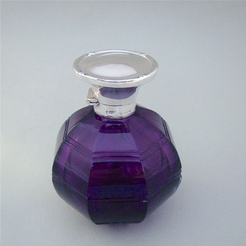 Large George V Silver and Amethyst Glass Scent Bottle by Edward Souter Barnsley, Birmingham 1921
