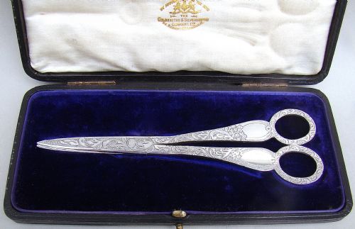 Cased Pair of Victorian Silver Grape Scissors by Wakely & Wheeler, London 1890