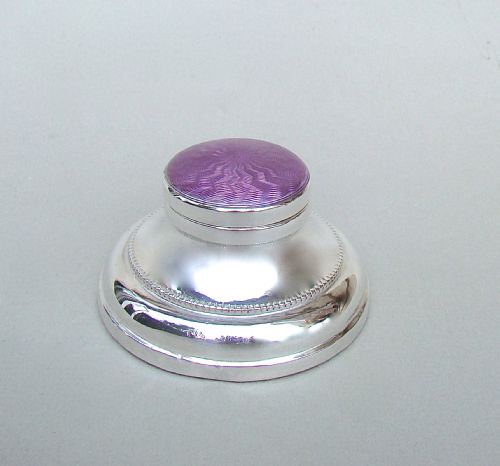 George V Silver & Enamel Small Capstan Inkwell by Marston & Jones,  Birmingham 1929
