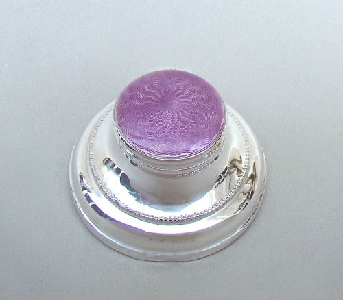 fig 1. GEORGE V SILVER & ENAMEL SMALL CAPSTAN INKWELL BY MARSTON & JONES,  BIRMINGHAM 1929
