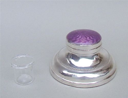 fig 2. GEORGE V SILVER & ENAMEL SMALL CAPSTAN INKWELL BY MARSTON & JONES,  BIRMINGHAM 1929
