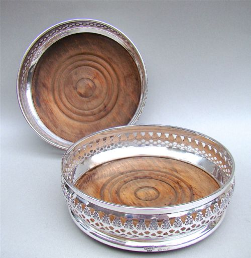 fig 1. PAIR OF MID 20TH CENTURY SOLID SILVER WINE COASTERS BY A. CHICK & SONS LTD, LONDON 1968.