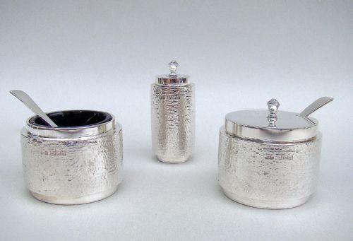 Mid Century Silver Three Piece "Bark" Finish Condiment Set by Deakin & Francis, Birmingham 1969
