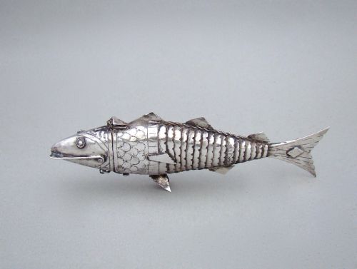 Victorian Sterling Silver Articulated Fish Spice Box, Circa 1880