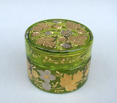 19th C. Moser Green and Gilt Glass Rouge Pot, Circa 1890