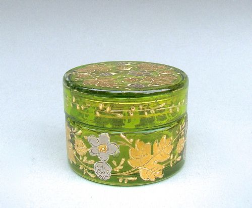 fig 1. 19TH C. MOSER GREEN AND GILT GLASS ROUGE POT, CIRCA 1890