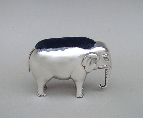 fig 1. LARGE EDWARDIAN SILVER ELEPHANT PIN CUSHION BY SPURRIER & CO BIRMINGHAM 1906