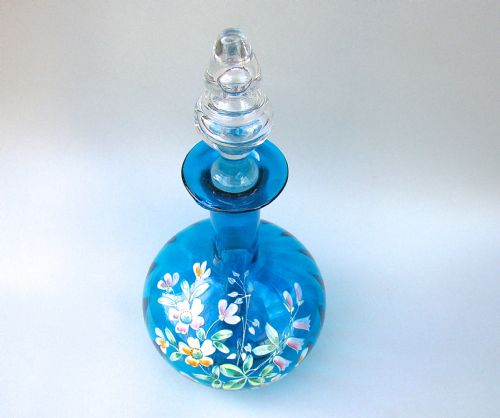 fig 1. VICTORIAN ENAMELLED TURQUOISE GLASS LIQUEUR DECANTER, CIRCA 1890