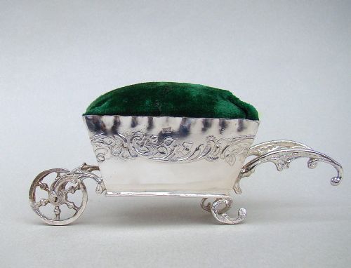 19th C. Dutch Silver Wheelbarrow Pin Cushion Bearing French Silver Import Marks, Circa 1890