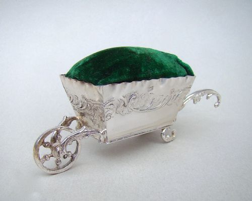 fig 1. 19TH C. DUTCH SILVER WHEELBARROW PIN CUSHION BEARING FRENCH SILVER IMPORT MARKS, CIRCA 1890
