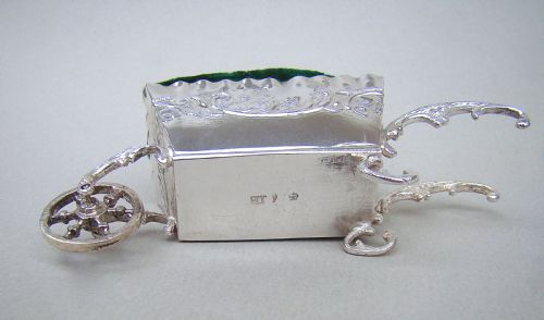 fig 2. 19TH C. DUTCH SILVER WHEELBARROW PIN CUSHION BEARING FRENCH SILVER IMPORT MARKS, CIRCA 1890