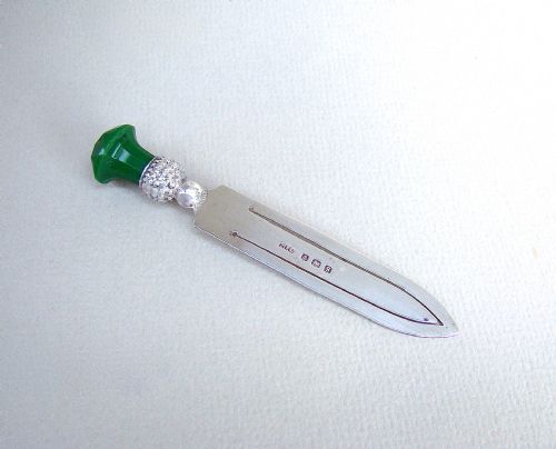 fig 1. NOVELTY SILVER GREEN GLASS THISTLE BOOKMARK BY ADIE & LOVEKIN, BIRMINGHAM 1917
