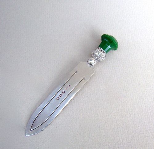 Novelty Silver Green Glass Thistle Bookmark by Adie & Lovekin, Birmingham 1917
