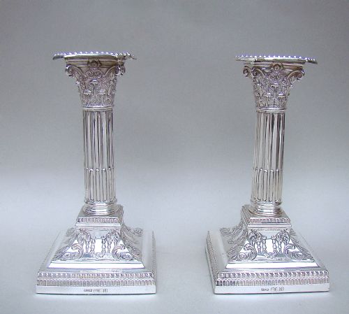 fig 1. FABULOUS PAIR OF EDWARDIAN STERLING SILVER CORINTHIAN COLUMN CANDLESTICKS BY JAMES DIXON & SONS, SHEFFIELD 1901