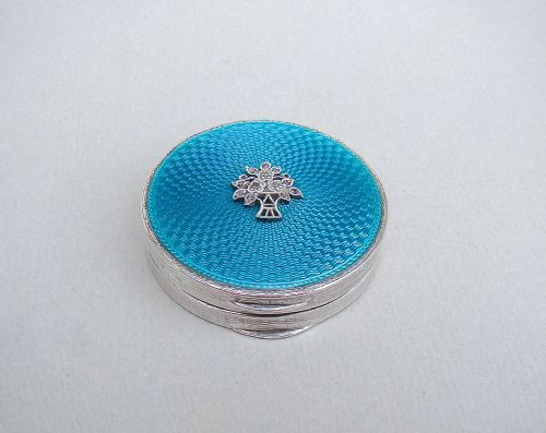 Art Deco Silver and Guilloche Enamel Compact with Marcasite Decorations by the Adie Brothers, Birmingham 1930