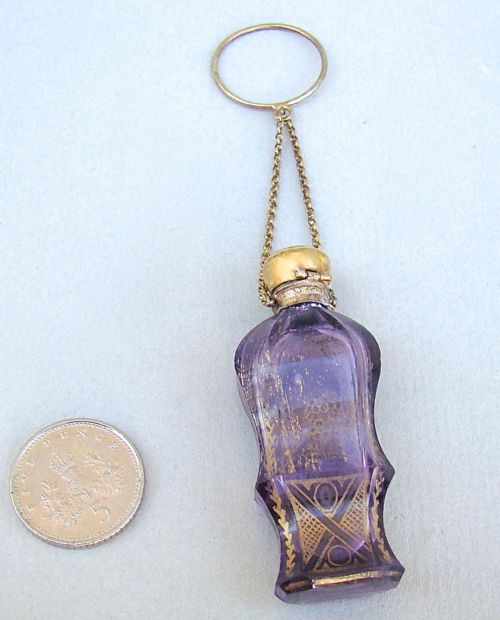 fig 2. MINIATURE 19TH C. FRENCH SILVER GILT & AMETHYST GLASS CHATELAINE SCENT BOTTLE, CIRCA 1870