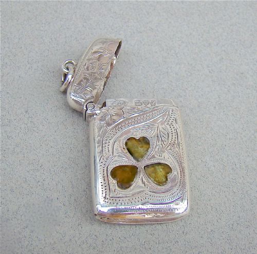 fig 1. EDWARDIAN SILVER VESTA INLAID WITH CONNEMARA MARBLE SHAMROCKS BY SMITH & BARTLAM, CHESTER 1907