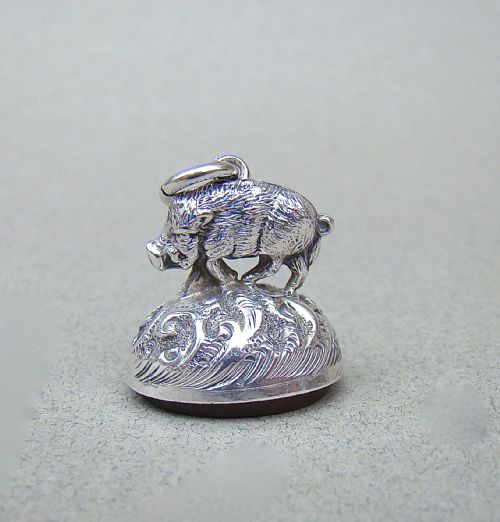 Rare Victorian Silver Mounted "Wild Boar" Agate Fob Seal , Birmingham 1894
