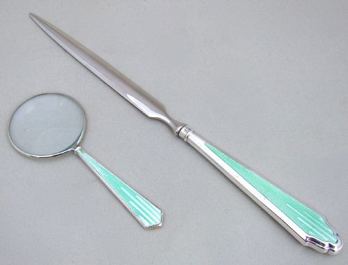 Silver & Guilloche Enamel Small Desk Magnifying Glass & Letter Opener by Hasset & Harper Ltd, Birmingham 1934