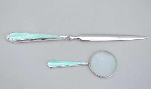 fig 1. SILVER & GUILLOCHE ENAMEL SMALL DESK MAGNIFYING GLASS & LETTER OPENER BY HASSET & HARPER LTD, BIRMINGHAM 1934